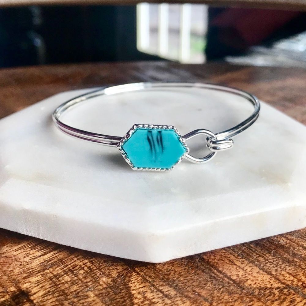 Silver & Turquoise Bangle Bracelet Jewelry Dainty Stone Bohemian Stone Crystal
